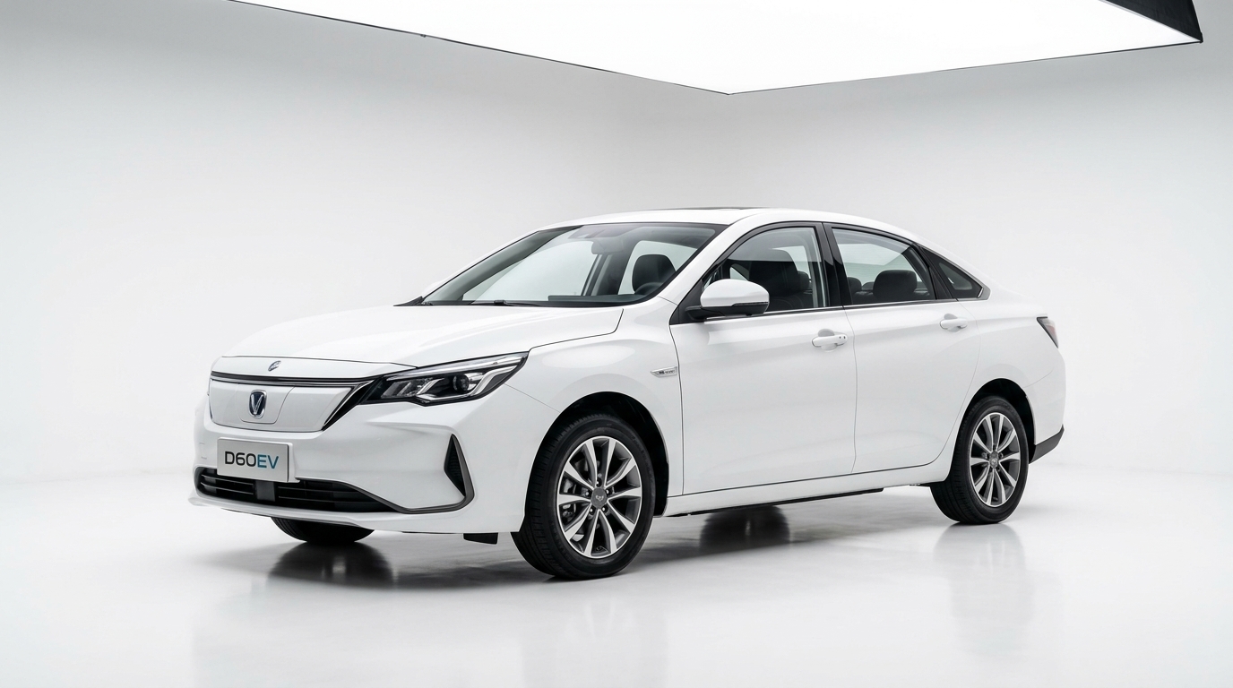 Venucia D60EV white electric sedan, front quarter view